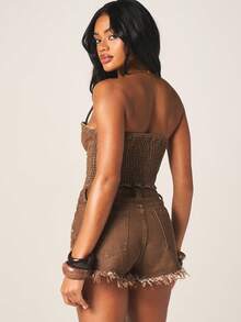 MISSGUIDED Studded Distressed High Rise Denim Mini Shorts With Pearl Embellishments Frayed Hem And Lace Up Corset Top Summer Festival Vintage - Brown - View 3