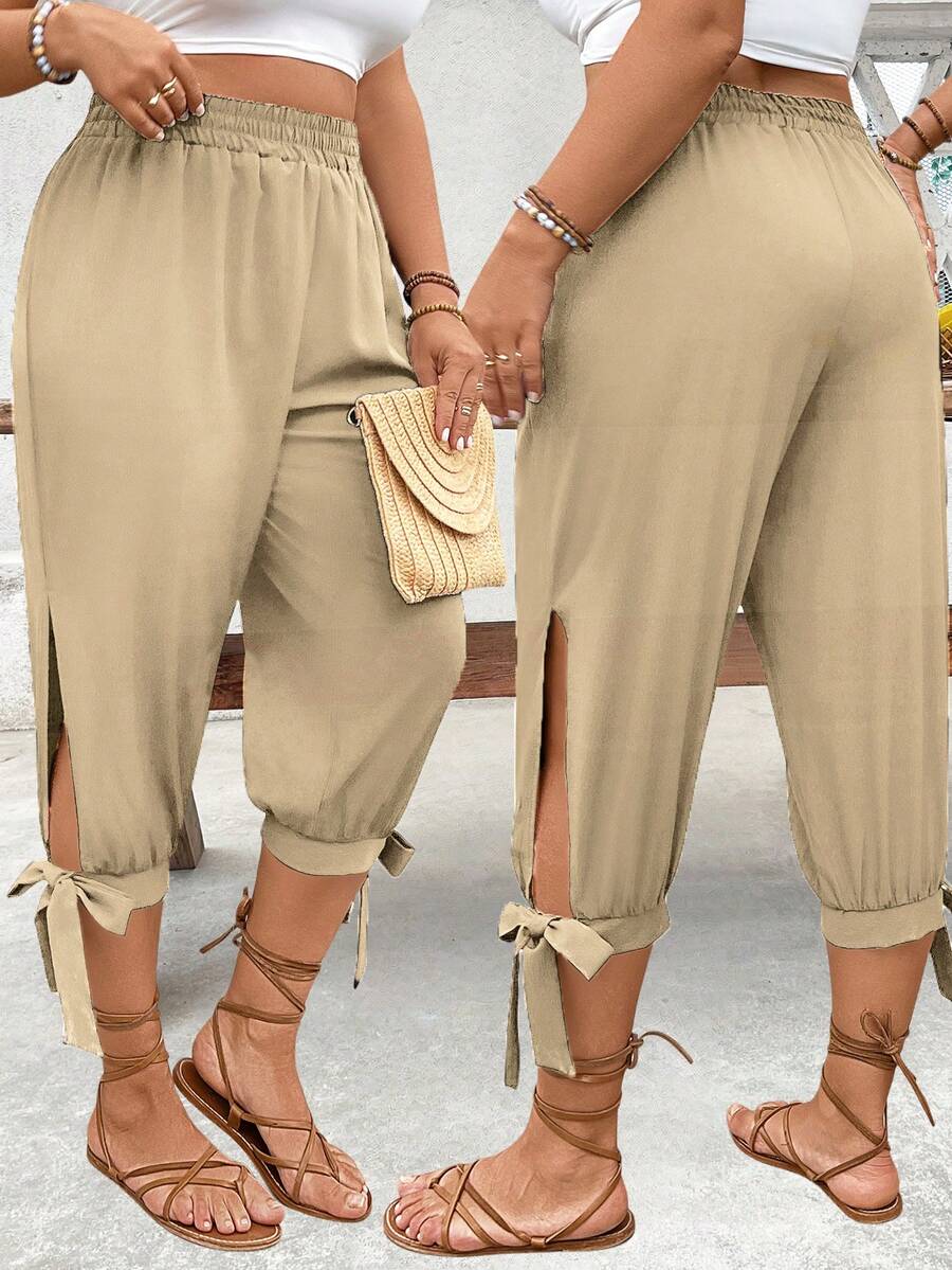 Linhara CURVE Quần lửng cạp cao có dây rút cỡ lớn, dáng 7/8, thích hợp cho mùa xuân/hè. - Màu Khaki - Xem 1