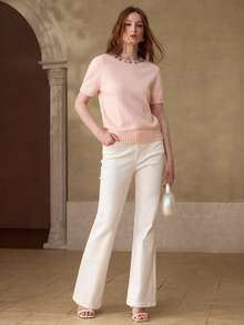 MOTF PREMIUM WOMEN'S RHINESTONE EMBELLISHED SHORT SLEEVE KNIT TOP - Pink - View 6