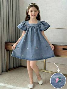 Elladie kids 年轻女孩时尚休闲优雅牛仔连衣裙，短袖柔美花卉图案设计连衣裙 - 藍色 - 查看 6