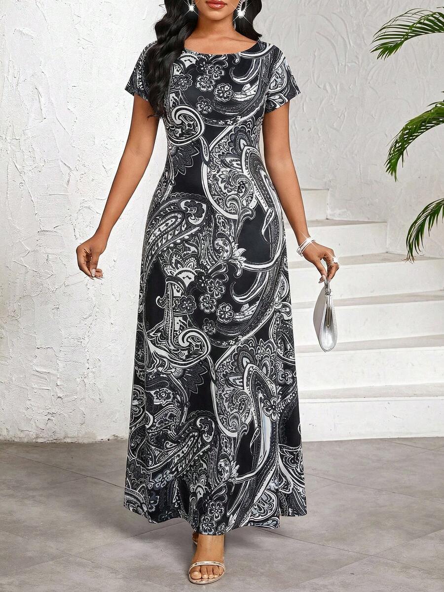 SHEIN Lady 女士印花优雅长连衣裙，圆领短袖，度假风夏季 - 黑與白 - 查看 1