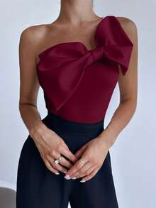 Firerie 女士优雅蝴蝶结装饰无袖紧身衣 - 酒紅色 - 查看 3