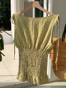 Comfortcana Áo tank top nữ bằng vải cotton kẻ caro màu xanh lá cây, kiểu dáng thường ngày, có dây rút ở vai và eo, thích hợp cho mùa hè, ngày Valentine, lễ hội, đi biển, kỳ nghỉ, mặc nhà, dạo phố, đi học. - màu xanh lá - Xem 2