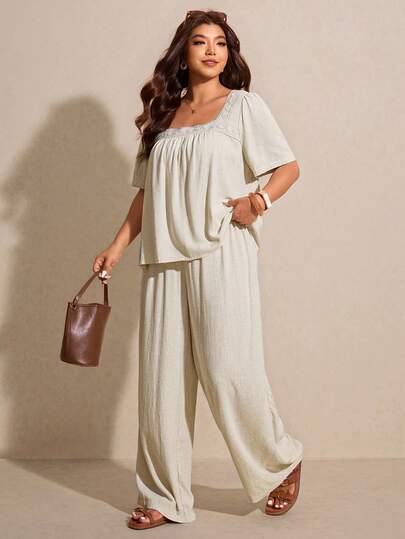 Elaquor Plus Size Women's Sweet Collar Short Sleeve Loose Shirt And Wide Leg Pants Casual 2 Pieces Set