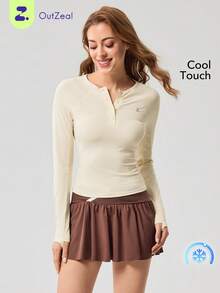 OutZeal Women Sports Tee Yoga Gym Wear Cool Touch Long Sleeve Henley Shirt - Apricot - View 1