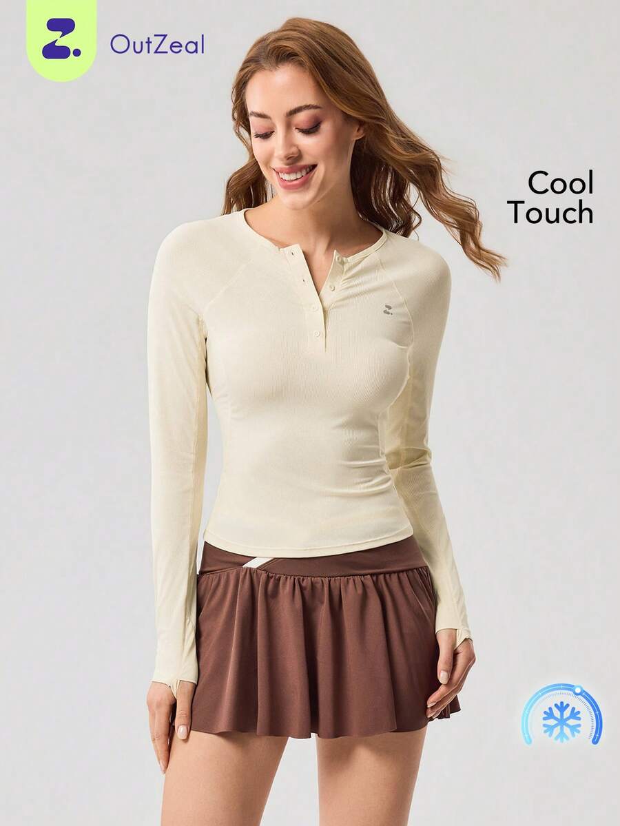 OutZeal Women Sports Tee Yoga Gym Wear Cool Touch Long Sleeve Henley Shirt - Apricot - View 1