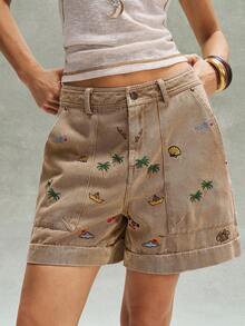 Bohemela 女士夏季Y2K海滩度假休闲波西米亚音乐节波点刺绣直筒七分裤，西部风格，自由休闲风。女士夏季穿搭，自由休闲的穿搭风格，时尚女士服装，海滩装，夏季度假装。 - 卡其色 - 查看 2