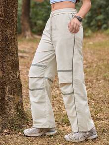 SHEIN In My Nature Women's Reflective Stripe Drawstring Waist Outdoor Pants - Apricot - View 5