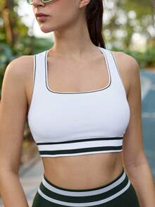 In My Nature Women's Green And White Seamless Striped Sports Bra With Contrast Binding,Removable Cups Yoga Cropped Top For Summer,Athleisure,Gym Outdoor Fitness - Apricot - View 2
