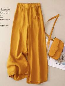 Omancia 女士黄色腰带松紧阔腿裤，度假休闲宽松阔腿裤，春夏长裤，度假休闲长裤，户外服装，日常家居服，带口袋的宽松直筒裤 - 黃色 - 查看 1