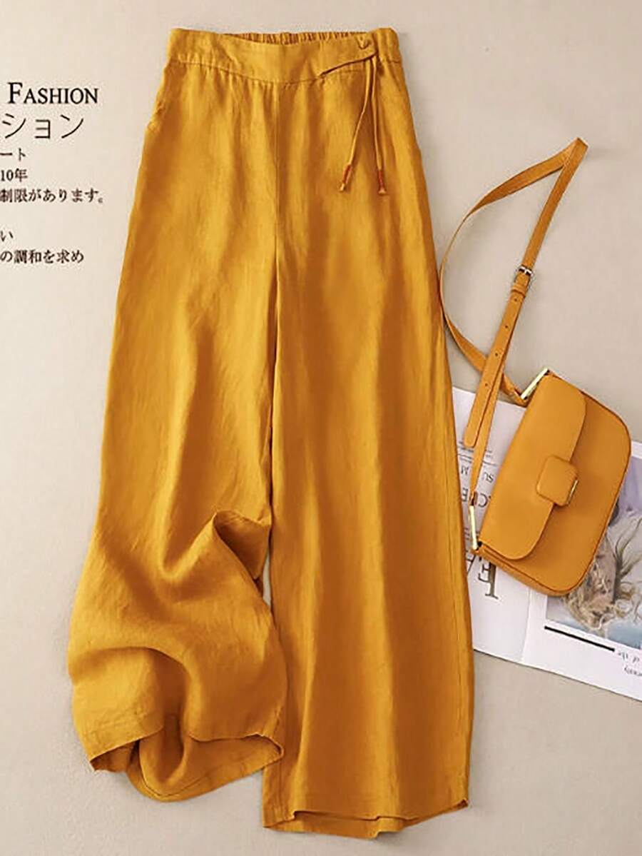 Omancia 女士黄色腰带松紧阔腿裤，度假休闲宽松阔腿裤，春夏长裤，度假休闲长裤，户外服装，日常家居服，带口袋的宽松直筒裤 - 黃色 - 查看 1