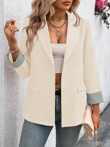 SHEIN Clasi Blazer casual de mujer con puños a rayas y cuello desgastado - Albaricoque - Ver 3
