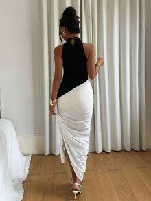 Siren Gaze Siren Gzae Elegant Long Dress White Dress Summer Dress Women's Elegant Dress With Halter Neck, Ruched, Slit, And Flowy Tie Design, Suitable For Parties And Events - Black and White - View 2