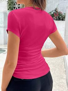 SHEIN Maternity Casual Solid Color Short Sleeve T-Shirt For Summer - Hot Pink - View 2