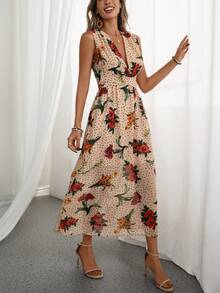 Rafferiza 优雅V领无袖系腰波点雪纺印花连衣裙，新款夏季女装 - 彩色 - 查看 4