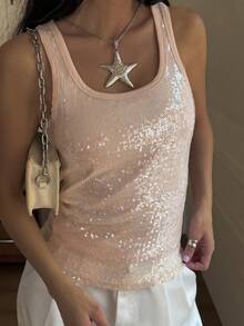 DAZY 女士亮片修身休闲日常上衣（夏季款） - 杏色 - 查看 3