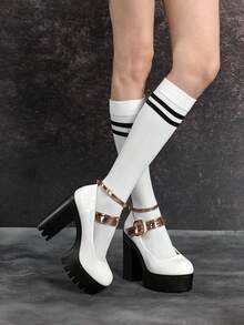 Sugerpunk Women's Sexy Color Block Fashion Thick Heel Platform Block Heels, Spring/Fall Fashion Solid Color Metallic Double Buckle Adjustable Back Straps Ankle Strap Party Outfit Date Mary Jane High Heel Flat Shoes 2000s Style - White - View 2
