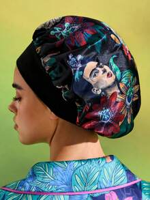 Frida Kahlo X SHEIN 双层升级版护发帽，宽弹力缎面睡眠帽，柔软舒适，适合日常居家和睡眠佩戴，黑色花卉印花，夏季穿搭，春季穿搭，海滩度假，花朵图案 - 彩色 - 查看 4