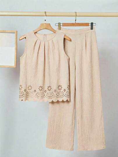 SHEIN Clasi Women's Round Neck Pleated Sleeveless Loose Khaki Textured Perforated Blouse Top & Wide Leg Pants Elegant Outfit, Suitable For Daily Wear, Vacation, Spring/Summer Textured Fabric, Round Neck Sleeveless Top/Vest, Pleated Design, Burnout Finish, Openwork Pattern, Straight-Leg Or Wide-Leg Trousers, Women's Spring/Summer Suit, Spring/Summer Resort Wear, Khaki, Solid Apricot, Elegant Everyday Wear/Vacation Outfits.