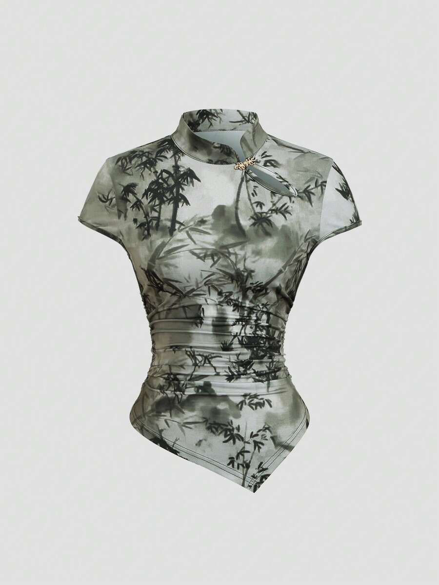 Sweetra Women's Mandarin Collar All-Over Print Ruched Asymmetric Hem Fitted Casual Short Sleeve T-Shirt - Multicolor - View 1