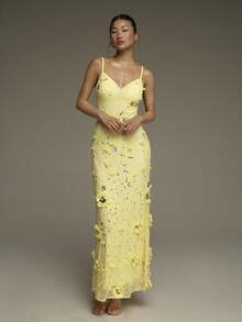 COSMINA 亮片女士长裙，3D立体花卉奢华连衣裙，女士派对礼服，晚礼服，鸡尾酒会礼服，宴会礼服，婚礼宾客礼服，婚纱，约会礼服，假日礼服，黄色女士连衣裙 - 黃色 - 查看 5