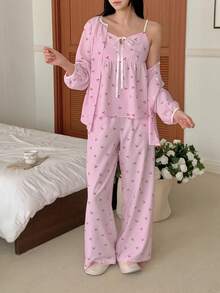 DAZY 3pcs/Set Sweet Cherry Striped Print Cardigan Top, Camisole And Pants Women Pajama Set - Pink - View 4
