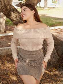 Lupita Cardoza Y2K 秋冬女款法兰绒露肩毛衣 - 杏色 - 查看 5