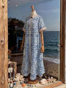 Rusticease Vestido casual de vacaciones con estampado geométrico talla grande para mujeres, vestidos de verano, ropa de verano para mujeres, vestido de primavera para mujeres, vestido de verano, atuendos de verano, ropa de verano, vestido de primavera, atuendo de primavera, ropa de primavera para mujeres, estilo campestre para mujeres, vestido campestre para mujeres, atuendos de vacaciones para mujeres, atuendos de festival para mujeres, atuendos de playa para mujeres - Multicolor - Ver 3