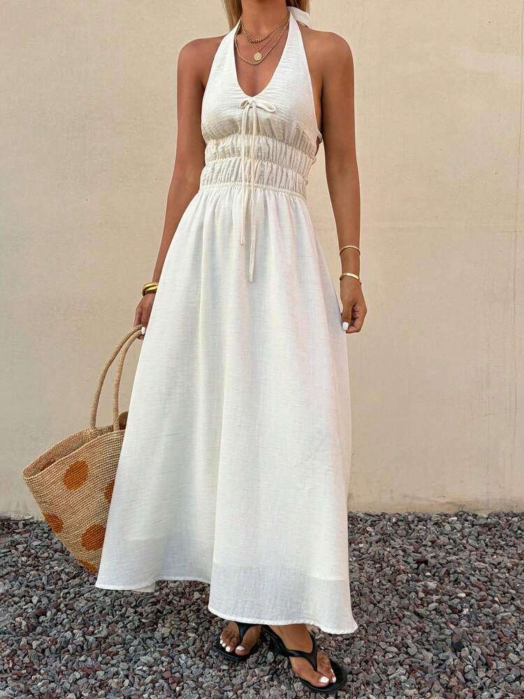 White Lace-Up Backless Midi Dress, Suitable For Summer Vacation