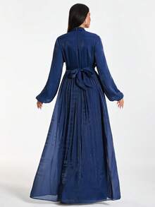 EURMUSE Elegant Navy Blue Middle Eastern Maxi Dress With Pleated Skirt And Wrap Front – Modest, Long Sleeve - Navy Blue - View 3