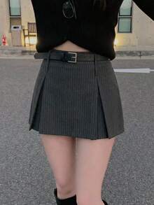 DAZY 女士条纹韩式休闲百褶裙 - 灰色 - 查看 1