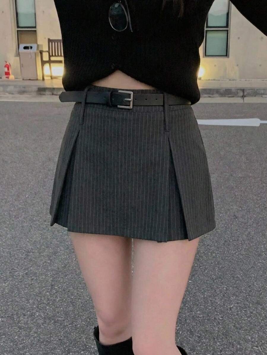 DAZY 女士条纹韩式休闲百褶裙 - 灰色 - 查看 1