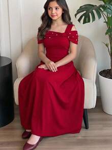 Đầm dài dáng chữ A ôm eo, đính nơ và hạt cườm cho thiếu nữ, màu đỏ tía. - Màu Đỏ Sâu - Xem 7