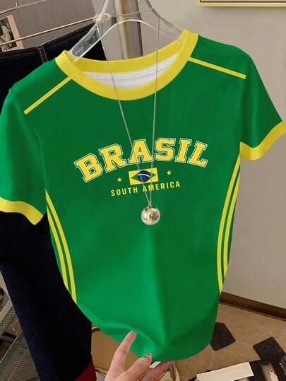 Resyla Camiseta de mujer con estampado de rayas de contraste amarillo y verde de estilo brasileño sudamericano, adecuada para el verano, el transporte diario, regalos de festivales, moda, camiseta elegante, camiseta hermosa, regalo para hermanos, regalo para hermanas, regalo para madre, regalo del Día de la Madre, top casual pero de moda