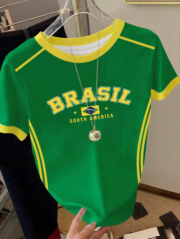 Resyla Camiseta de mujer con estampado de rayas de contraste amarillo y verde de estilo brasileño sudamericano, adecuada para el verano, el transporte diario, regalos de festivales, moda, camiseta elegante, camiseta hermosa, regalo para hermanos, regalo para hermanas, regalo para madre, regalo del Día de la Madre, top casual pero de moda