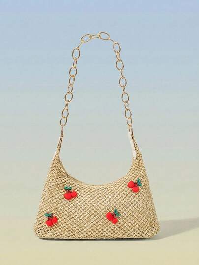 Viva Strut 1pc Sweet And Cool Girl Style Cherry Decorative Straw Woven Armpit Bag, With Beige Hollow Straw As The Main Material, With Gold Metal Chain Shoulder Strap And Three-Dimensional Cherry Decoration, The Bag Type Is Designed For Armpit Bag, Moderate Capacity, Fresh And Sweet Style And A Little Cool, Suitable For Young Women, Students Or Summer Street Matching, Can Be Used For Daily Commuting, Dating Or Vacation, Both Practical And Beautiful.