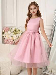Pitira Đầm lưới màu hồng ngọt ngào dễ thương có nơ cho bé gái tuổi teen, đầm dự tiệc, đầm phù dâu đám cưới, đầm dự tiệc sinh nhật. - Hồng - Xem 3