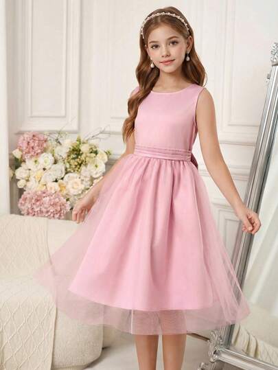 Pitira Tween Girls' Party Wear Pink Sweet Cute Bow Mesh Dress, Wedding Flower Girl Dress, Birthday Party Dress