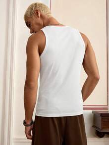 SWAVVY Men's Loose Casual Tank Top, White, Front Embroidered - White - View 2