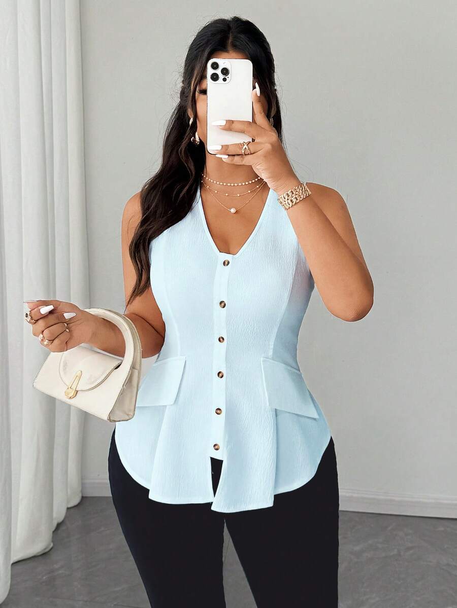 Elenzga 2025 New Plus Size Women's Elegant Fashion Daily Versatile V-Neck Open Front Pocket Decor Sleeveless Blouse, Spring/Summer - Baby Blue - View 1