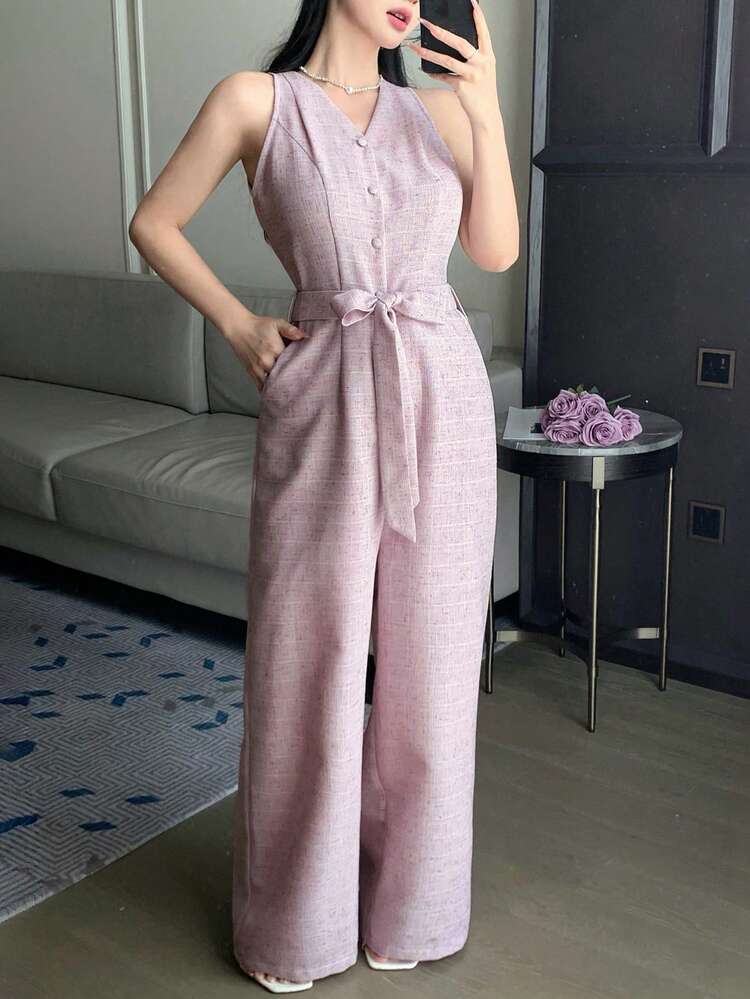 Women's Elegant Sleeveless Jumpsuit With Belt, Suitable For Commuting In Summer Romper