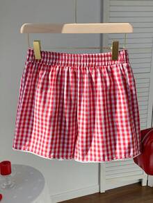 CovetEZ Women's Casual Clothing 2026 New Summer Vacation Home Fashionable Casual Sweet Home Red Plaid Loose Elastic Waist Belt Loose Casual Versatile Shorts - Red and White - View 2
