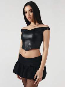 OverBlushhh Rok Mini Wanita Model Balon Pinggang Rendah Hitam dengan Detail Pita Gaya Y2K, Rok Mini Pinggang Rendah dengan Hem Bergelombang untuk Pesta Musim Panas dan Festival Musim Semi. - Hitam - View 6