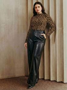 Anewsta Elegant Black Mock Neck Textured Silver & Gold Pleated Slim Fit Long Sleeve T-Shirt, Plus Size For Autumn - Gold - View 4