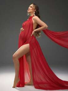 Cheriluna Maternity 孕妇时尚性感高开衩露背吊带连衣裙，适合拍照 - 紅色 - 查看 4