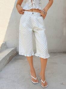 Sunnyshic 时尚波点印花荷叶边水洗牛仔裤 - 彩色 - 查看 4