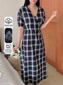 Summer Elegant Plaid Waist Cinching Dress, Japanese Style Loungewear - Navy Blue - View 7