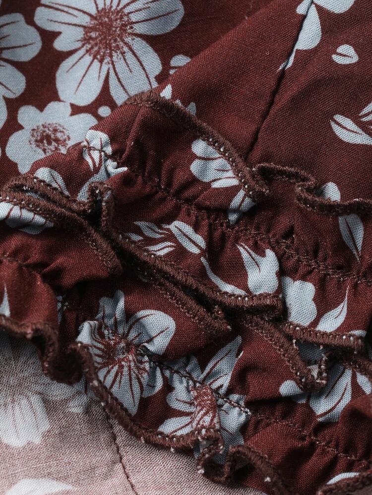 Floral Print Ruffle Hem Short Women Sleepwear Bottoms, Summer