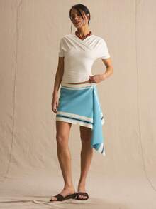 MUSERA Knitted Stripe Detail Asymmetric Drape Mini Skirt Spring Summer Cosy Cute Daily Girly Vacation Sunlight Social - Blue - View 2