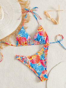 Swim Mod Summer Vacation Sexy Fashion Allover Shell Print Halter Tie Two Pieces Bikini Set - Multicolor - View 5